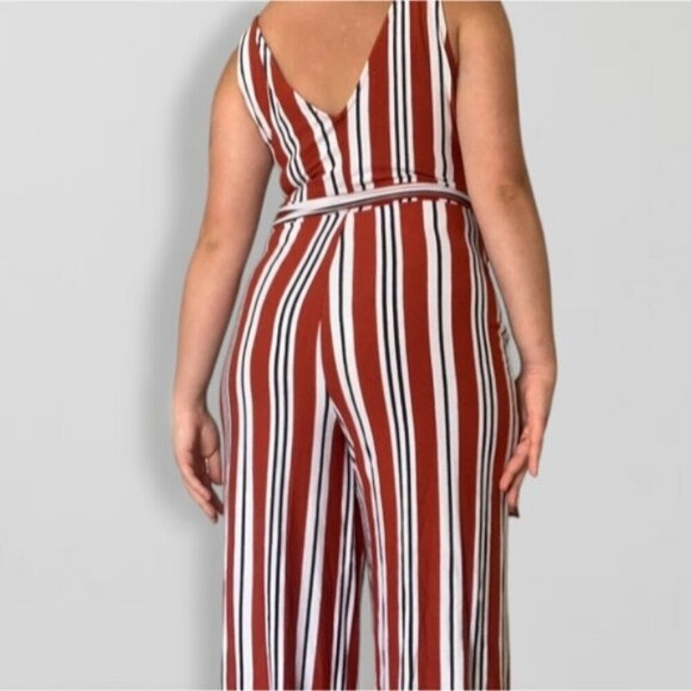BERSHKA Europe Striped V neck Tie Waist Wide Leg Jumpsuit